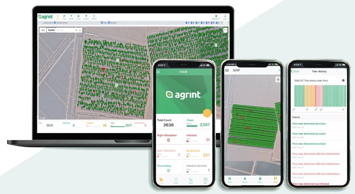 Agrint IoTree platform — plantation map and mobile monitoring apps
